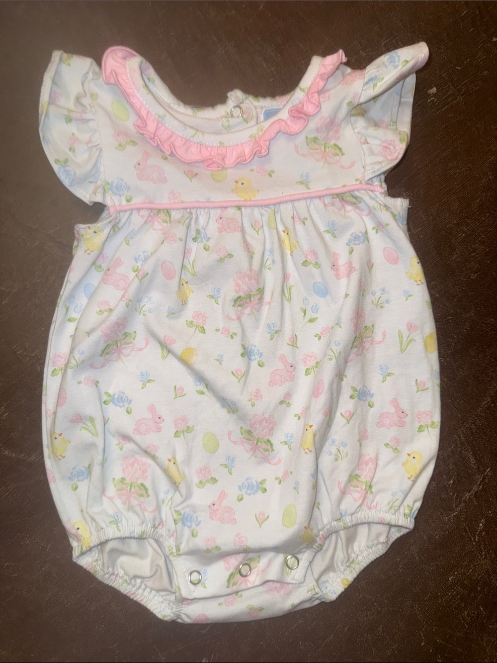 Trotter Street Baby Floral Bunny & Chick Romper with Pink Trim 3M